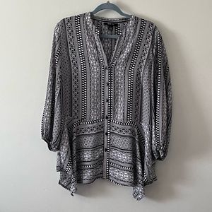 Style & Co Black White Geometric L/S Blouse Top sz Large